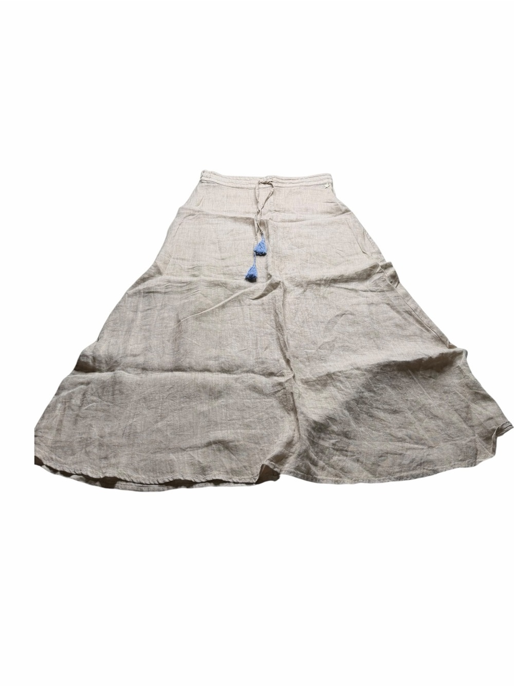SOUVENIR CLUBBING Tan A-Line Linen Maxi Skirt with Blue Tassel Tie Women's M